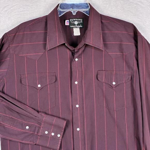 VTG Flying R Ranchwear Pearl Snap Western Shirt Mens L 17-35 Maroon Red Striped - Picture 1 of 10